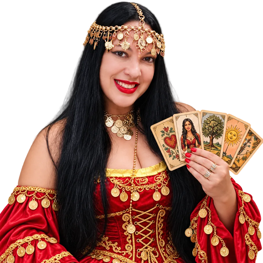 Glauce, a Cigana Narjara, segurando cartas de tarot